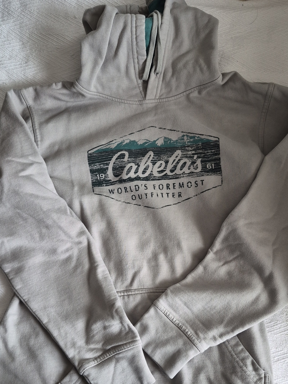 Cabela's Light Gray Pullover Hoodie with Teal Logo